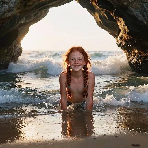 Photograph of a smiling, topless young red-haired girl with braided hair, kneeling in shallow ocean water, framed by a rocky cave at sunset