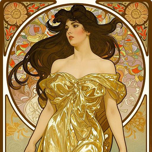 Digital art of a fair-skinned woman with long black hair, wearing an off-shoulder, shiny golden dress, set against a vibrant, floral