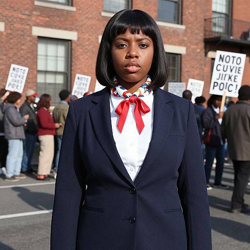 Photograph of a Black woman with a bob haircut, wearing a black blazer, white shirt with red bowtie, and patterned scarf, standing