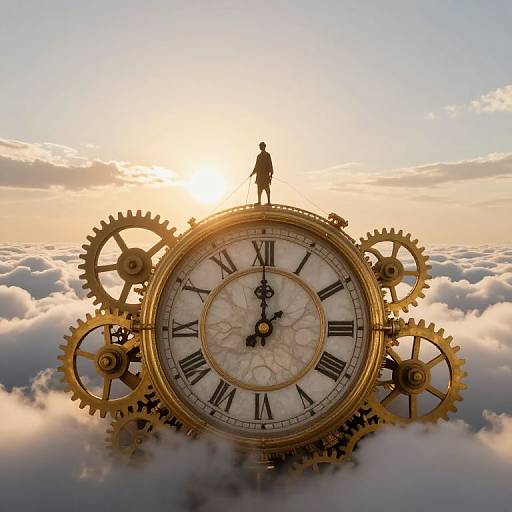 A steampunk clock with golden gears and Roman numerals floats in the sky, silhouetted against a sunset. A small figure stands atop