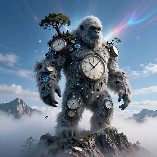 Digital artwork of a giant, furry, clock-covered creature standing on a mountain peak, with clocks on arms and head, surrounded by a bright blue sky