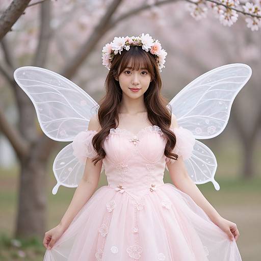 Photograph of an Asian woman with long brown hair, wearing a pink lace dress, transparent fairy wings, and a flower crown, standing in a spring