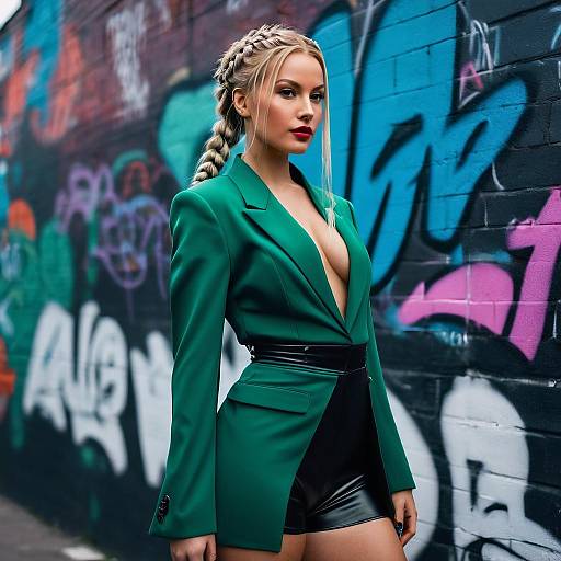 Photograph of a blonde woman with braided hair, wearing a green blazer and black leather skirt, standing in front of a colorful graffiti-covered brick
