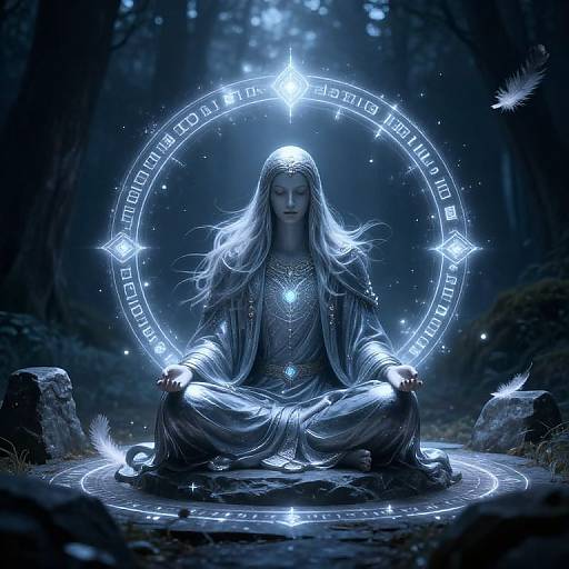 Digital art of a serene, long-haired woman in a glowing blue robe, meditating in a mystical forest, surrounded by a radiant, magical circle with