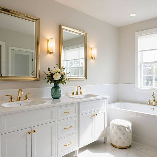 Photograph of a bright, modern bathroom with white vanity, gold fixtures, two rectangular mirrors, floral vase, window, and tufted ottoman