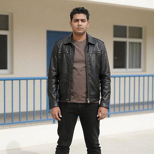 Man in Leather Jacket by Building
