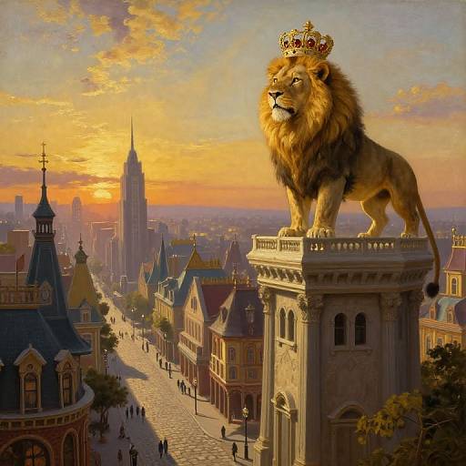 Digital painting of a crowned lion statue on a city rooftop at sunset, overlooking a bustling, fairy-tale inspired cityscape.