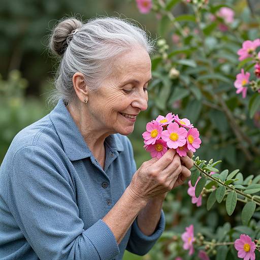 Photograph of an elderly woman with white hair in a bun, wearing a blue blouse, smiling while holding pink and yellow flowers in a lush garden.