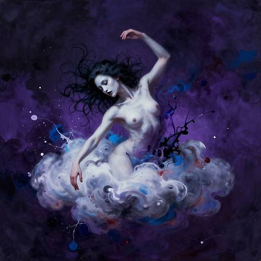 Digital painting of a nude, ethereal woman with pale skin, black hair, and small breasts, surrounded by swirling white and blue clouds against a dark