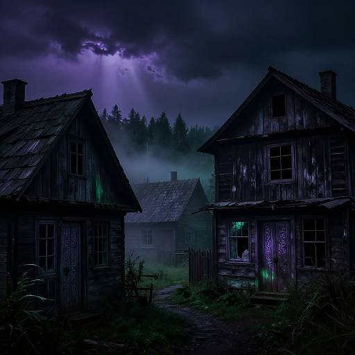 Mysterious, dark blue-lit photograph of three dilapidated, wooden houses under a stormy night sky with eerie purple lightning, surrounded by mist