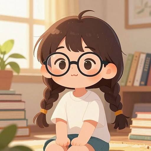 Cute anime-style girl with black braids, large glasses, white shirt, and blue shorts sits indoors, sunlight streaming from window.