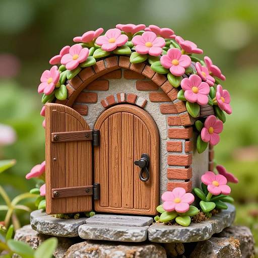 Photograph of a detailed, miniature fairy door with a wooden arch, brick accents, pink flowers, and a black iron handle, set on a stone