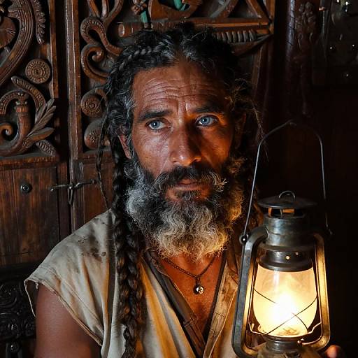 Photograph of a rugged, middle-aged man with gray beard, braided hair, blue eyes, wearing a beige shirt, holding a glowing lantern,