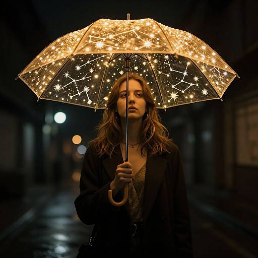 Photograph of a woman with wavy brown hair holding a glowing, starlit umbrella on a dark, rainy urban street.