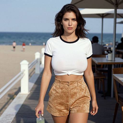 Woman in casual chic outfit at seaside café