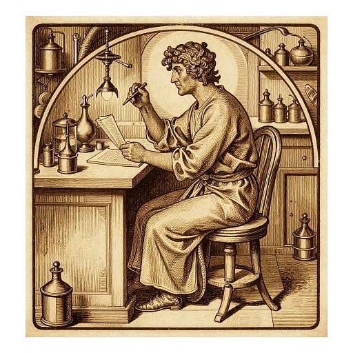 Alchemist in Arcane Laboratory Woodcut