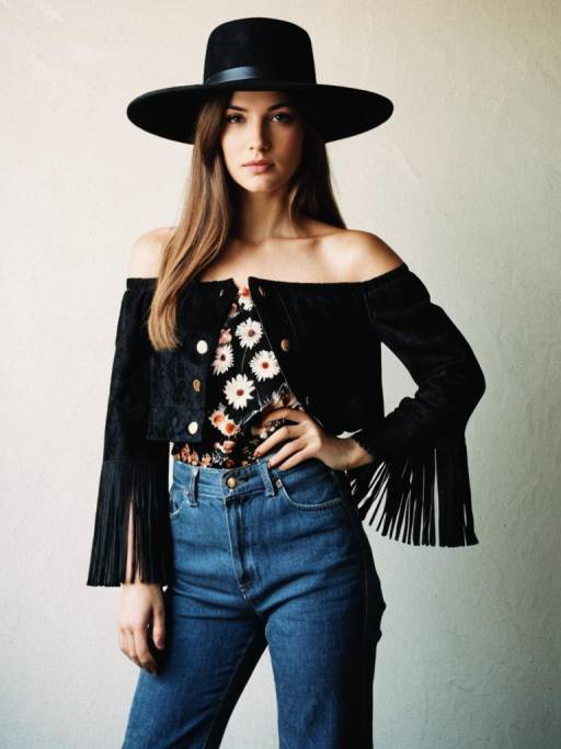 Woman in Vintage Fringe Jacket and Wide-Brimmed Hat