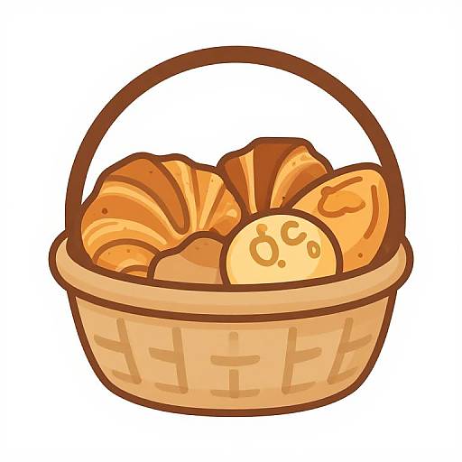 Cartoon illustration of a woven basket filled with three orange pastries and a round, cheese-like item, all outlined in brown.