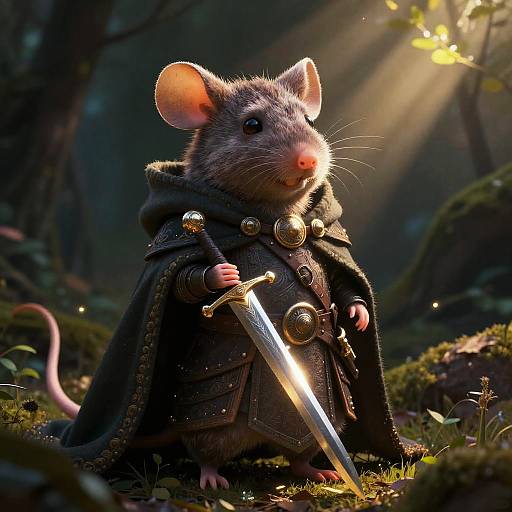 CGI fantasy image of a mouse in a dark, detailed cloak holding a glowing sword, standing in a sunlit forest.