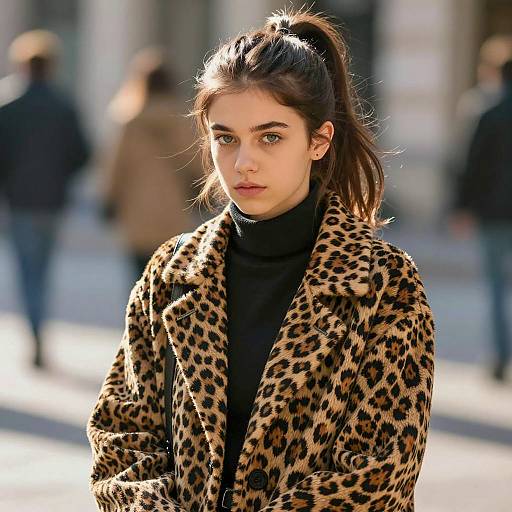 Young Woman in Leopard Print Coat Outdoors