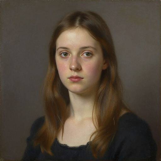 Photorealistic digital portrait of a young Caucasian woman with fair skin, brown eyes, and long brown hair, wearing a black top, against a dark