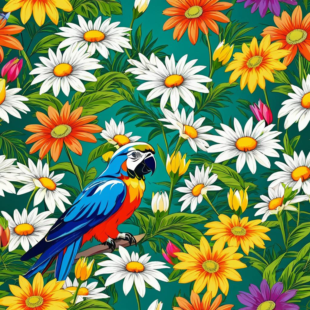 Vintage Daisy Garden with Parrot Wallpaper