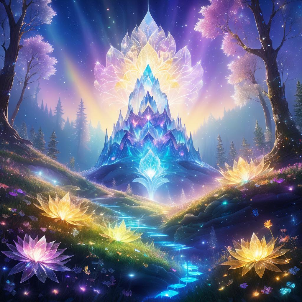 Radiant Crystal Mountain in Glowing Meadow