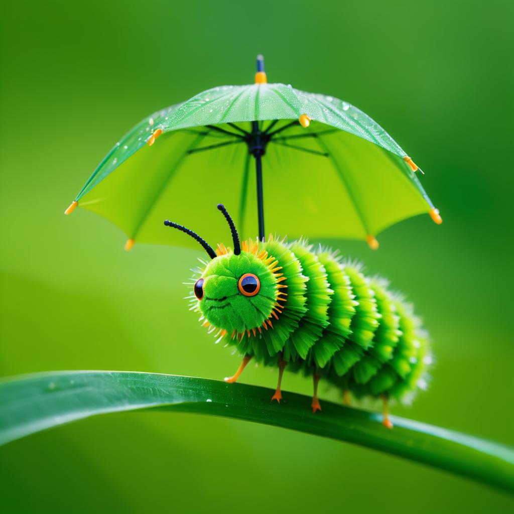 Whimsical Caterpillar Under an Umbrella