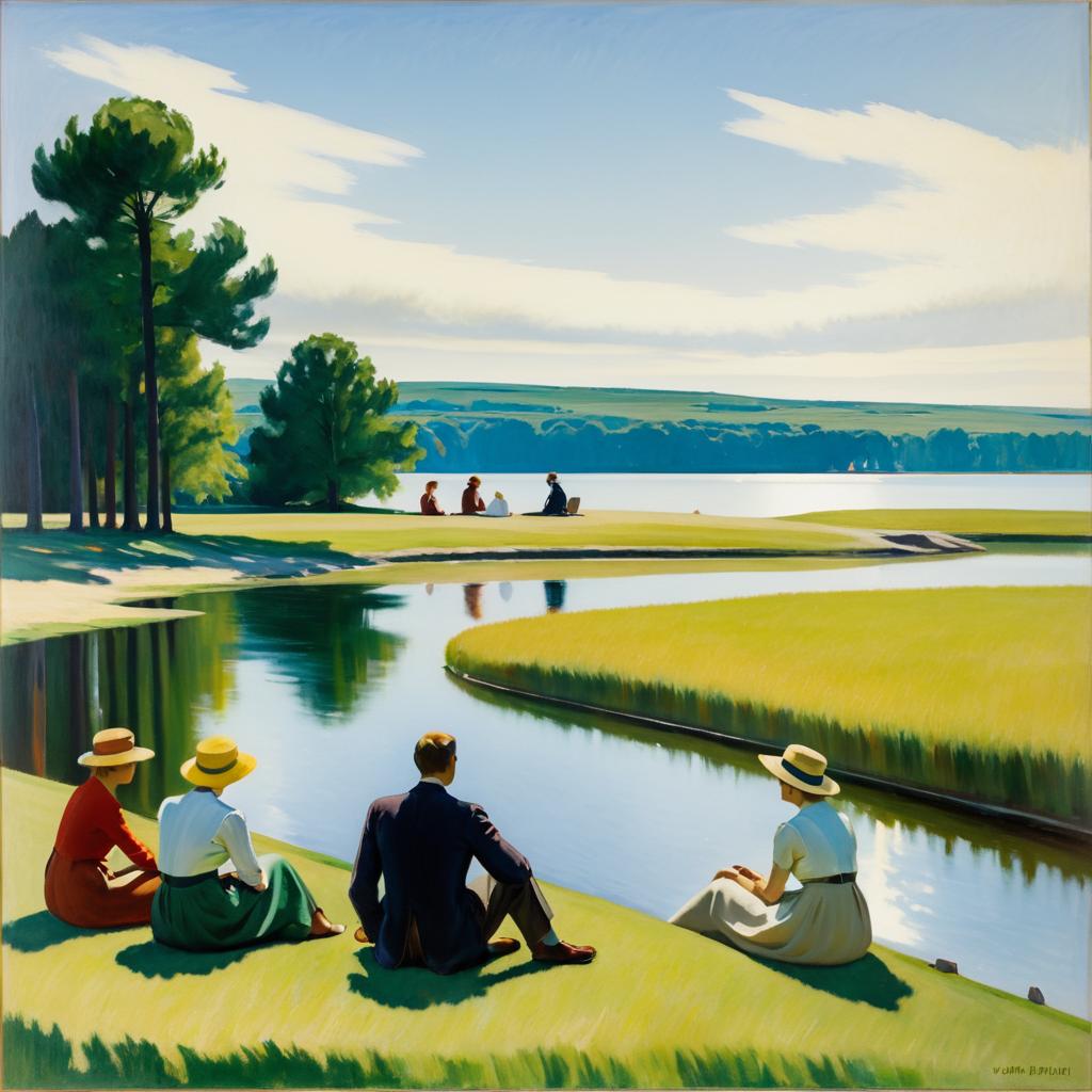 Serene Lakeside Gathering in Hopper's Style