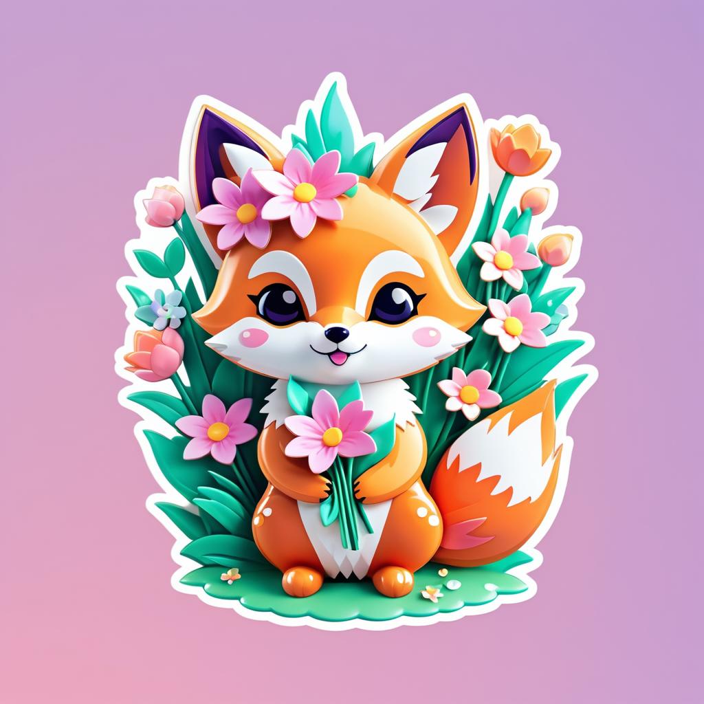 Vibrant Kawaii Fox Flower Sticker Design