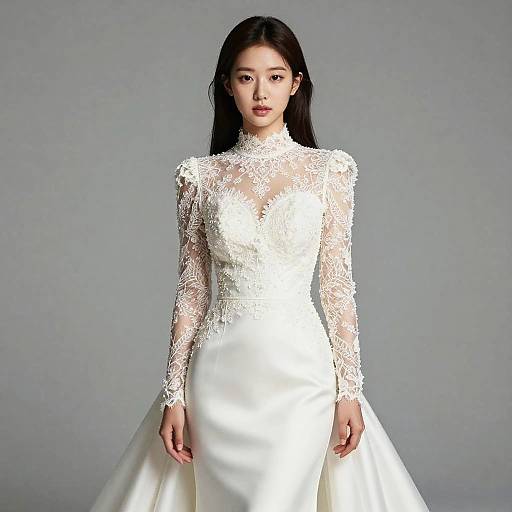 Photograph of an Asian woman with long black hair wearing a white, lace long-sleeve wedding gown with a high neckline and satin skirt against a