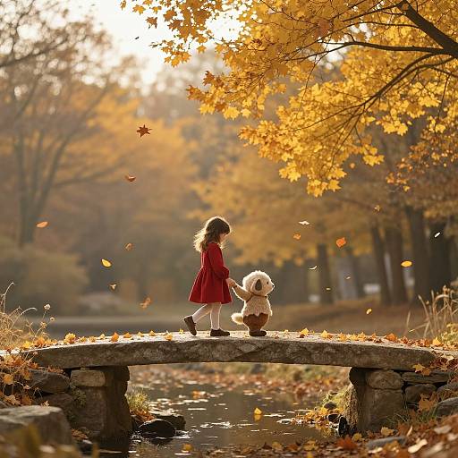 Photograph of a young girl in a red dress and brown boots, holding a small white dog on a sunlit, leaf-filled stone bridge in an