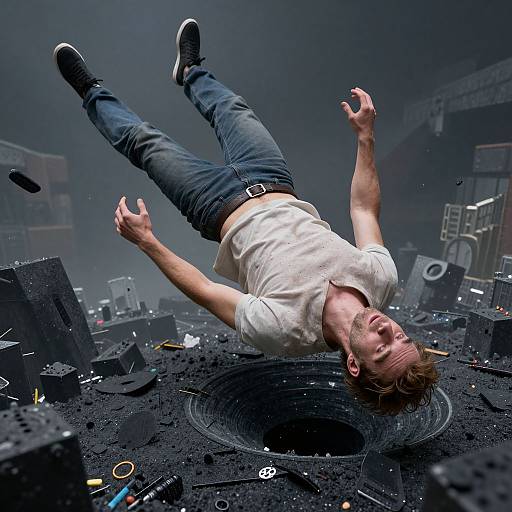 Photograph of a young man in a white shirt and blue jeans, falling through a chaotic, dark stage with electronic equipment.