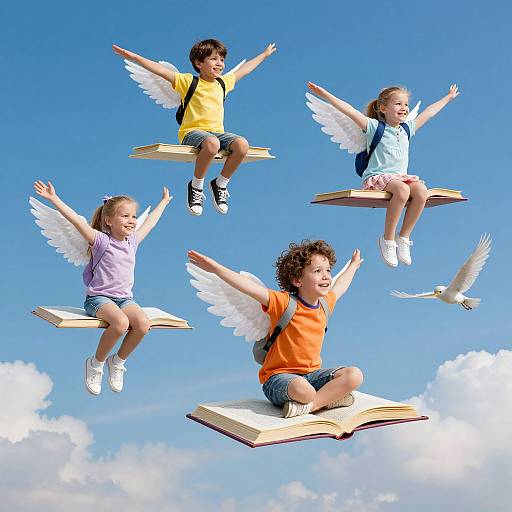 Photograph of four children with white wings, sitting on floating books, flying against a bright blue sky with fluffy clouds.
