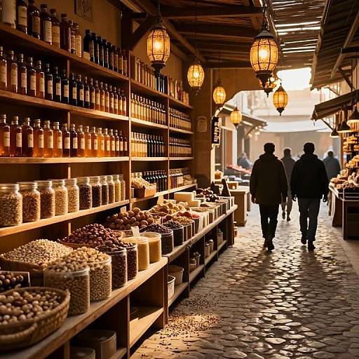 Photograph of a warmly lit, rustic market stall with shelves of jars and containers, two silhouetted people walking on cobblestones.