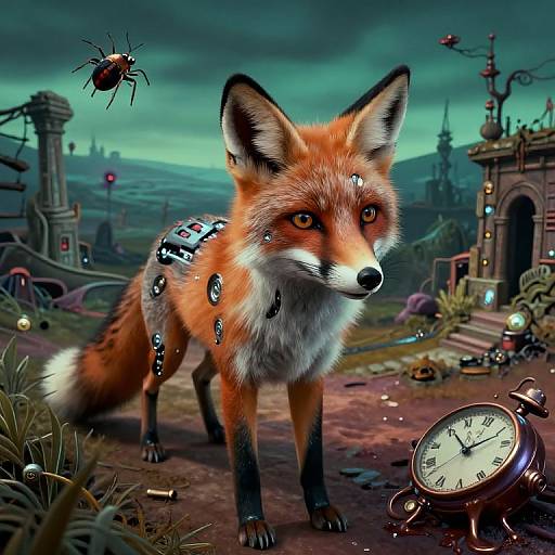 Digital art of a cybernetic fox with glowing mechanical parts, standing in a steampunk village, clock nearby, beetle flying above.