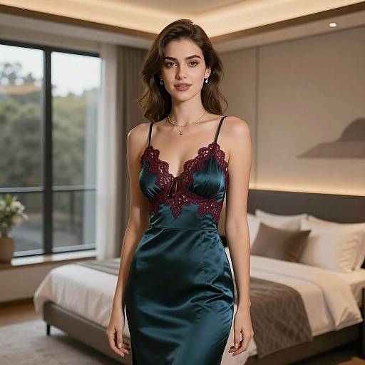 Young Woman in Teal Satin Evening Dress