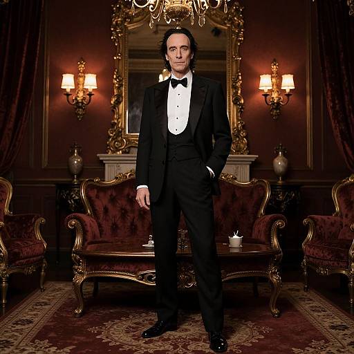 Photograph of a tall, slender man with long black hair, in a black tuxedo with white shirt and black bowtie, standing in an