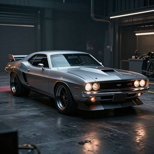 Photograph of a silver, muscle car with a rear spoiler, glowing headlights, and shiny chrome details, parked in a dimly lit, industrial garage