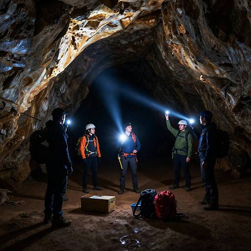 Adventurers Exploring a Dark Cave