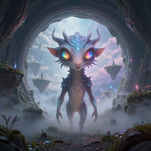 Digital fantasy artwork of a small, horned, dragon-like creature with glowing multicolored eyes standing in a misty, cavernous entrance to a