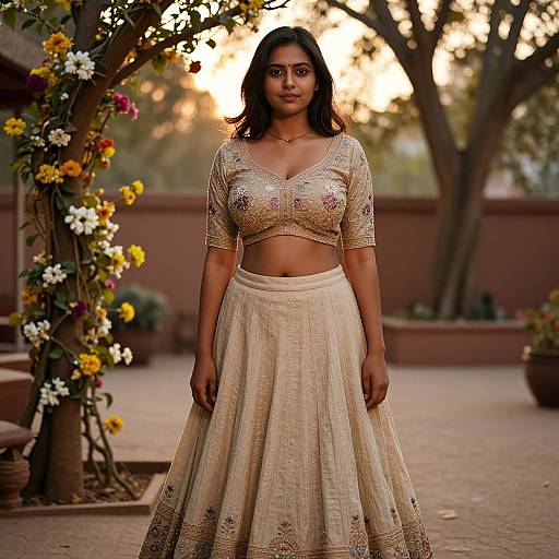 Photograph of an Indian woman with dark hair wearing a gold-embellished crop top and beige, lace-patterned skirt, standing in a garden