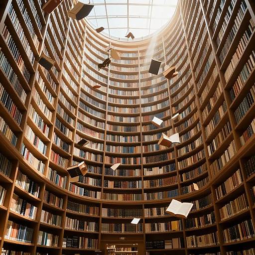 Photograph of a grand, circular library with towering shelves filled with books, illuminated by sunlight from a skylight, with floating books suspended mid-air