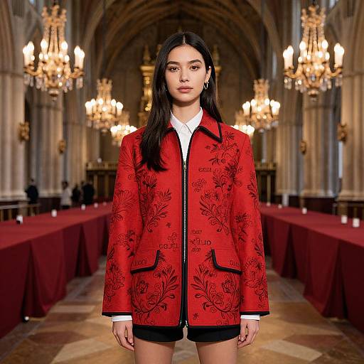 Elegant Woman in Red Gucci Jacket