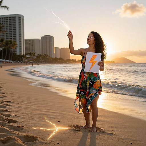 Photograph of a smiling woman with long dark hair, wearing a floral dress, standing on a sunlit beach holding a lightning bolt poster, pointing upwards
