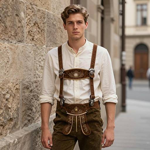 Young Man in Traditional Lederhosen on European Street