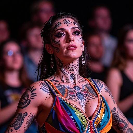 Photograph of a tattooed woman with black face paint, wearing a colorful, beaded top, standing out against a blurred audience. Dark hair,