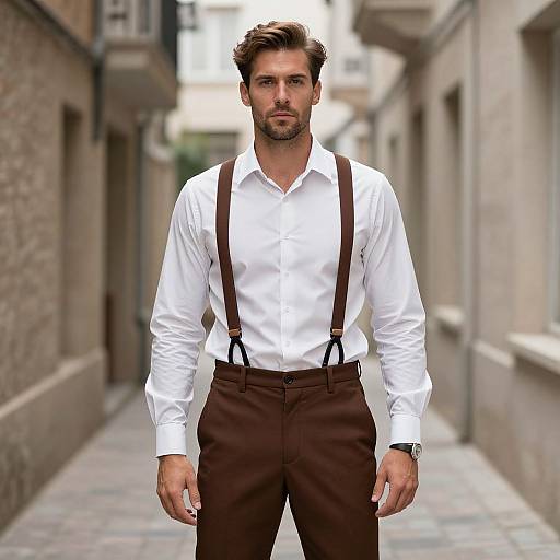 Photograph of a handsome, bearded man with brown hair, wearing a white shirt, brown suspenders, and trousers, standing in a narrow,