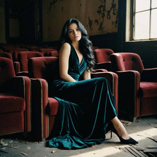 Woman in Velvet Dress in Abandoned Theater