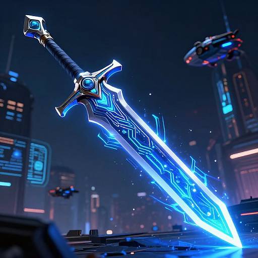 CGI image of a glowing blue, futuristic sword with intricate neon patterns, hovering above a dark, cyberpunk cityscape with flying drones.